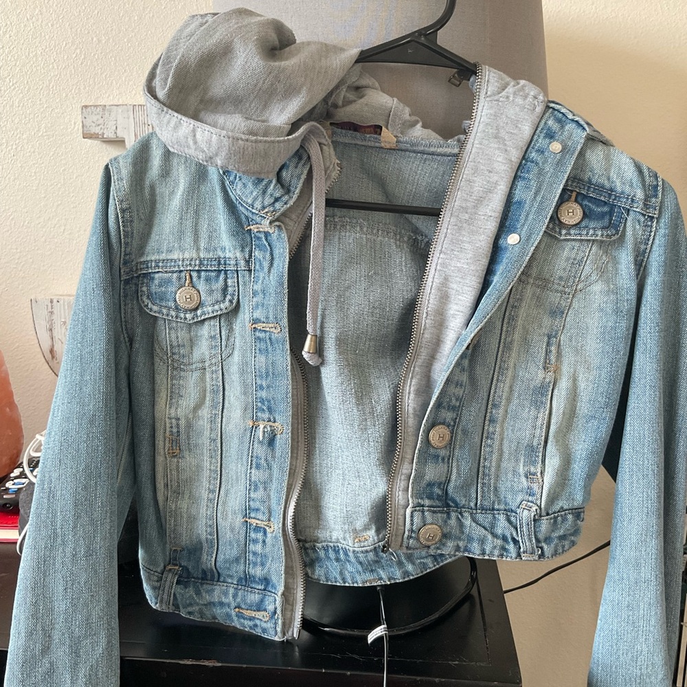 Cropped Jean Jacket with Hoodie built in